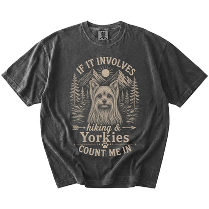 Yorkie hiking design with mountain scenery on a Pepper Comfort Colors® T-shirt