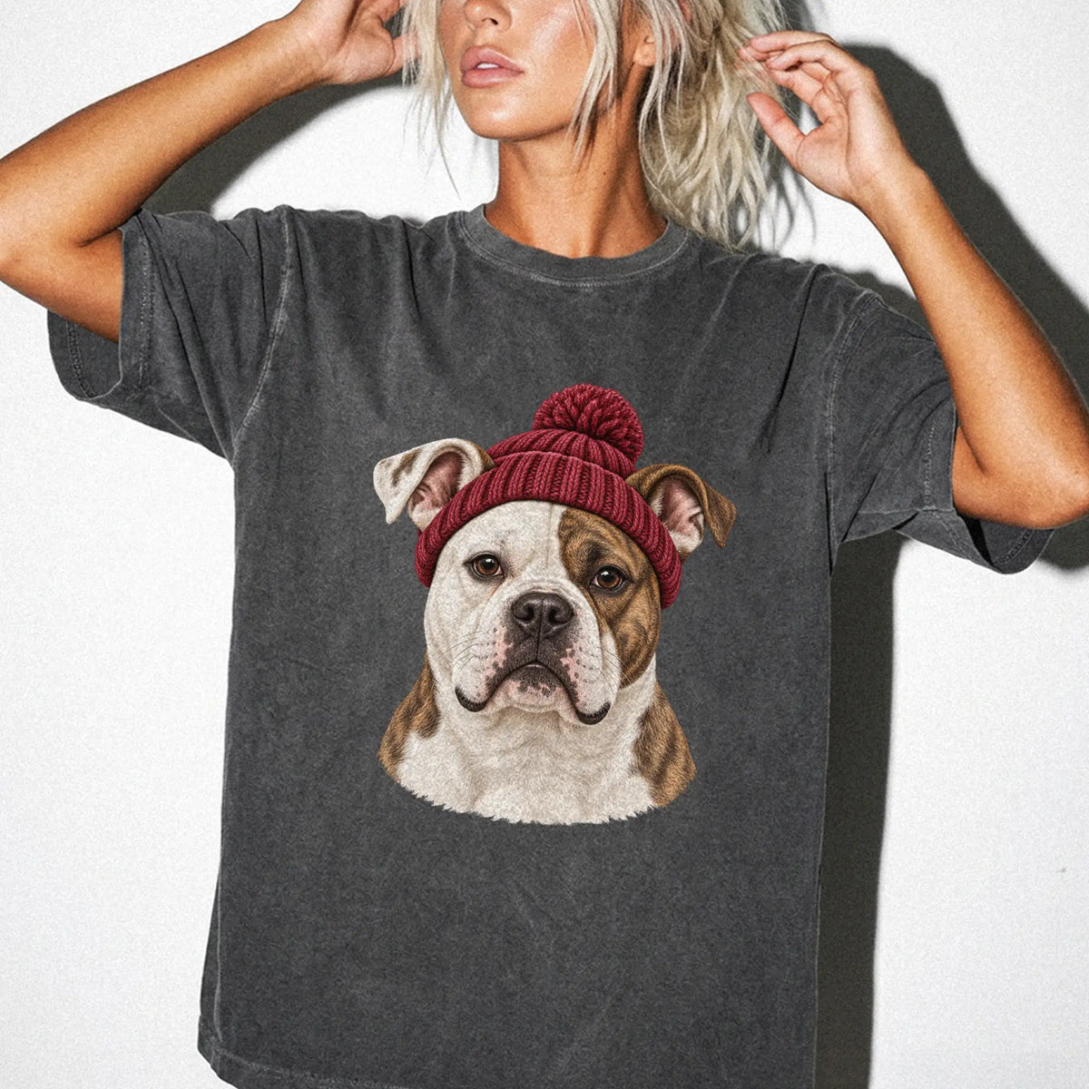 Woman wearing a Pepper American Bulldog hipster T-shirt with a maroon-beanie dog portrait