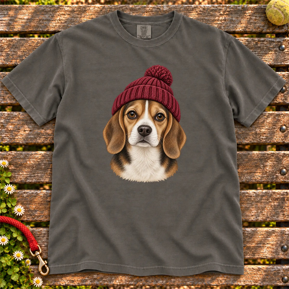 Pepper Beagle hipster T-shirt with a dog portrait in a chunky maroon beanie