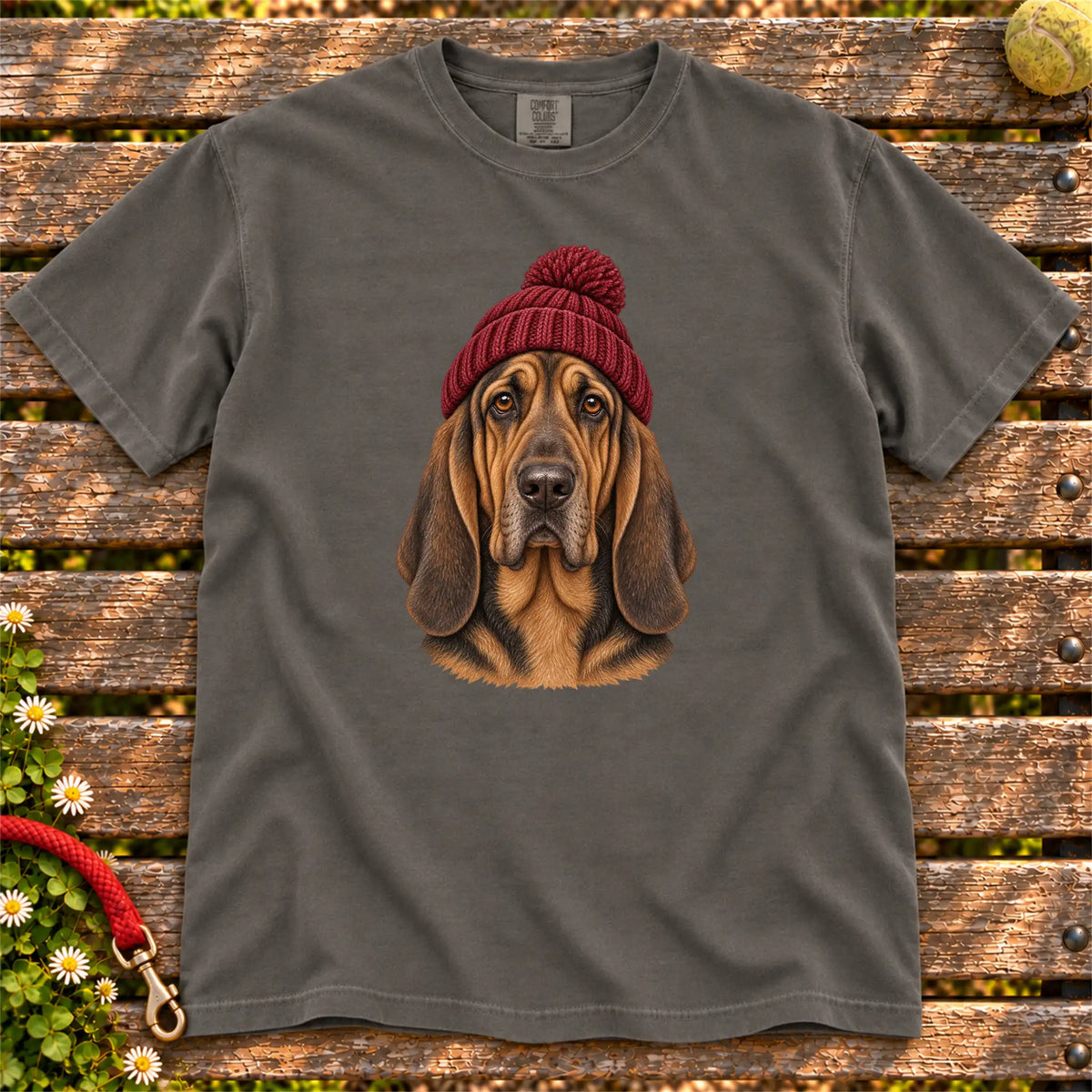 Pepper Bloodhound hipster T-shirt with a dog portrait in a chunky maroon beanie