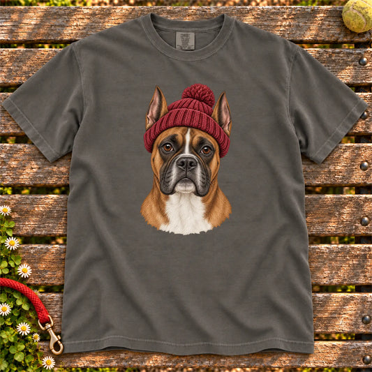 Pepper Boxer hipster T-shirt with a dog portrait in a chunky maroon beanie