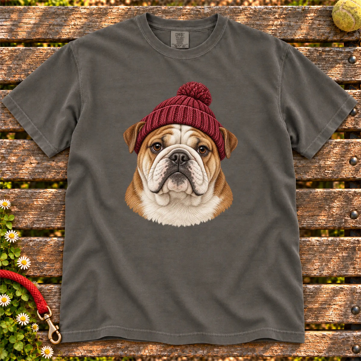 Pepper Bulldog hipster T-shirt with a dog portrait in a chunky maroon beanie