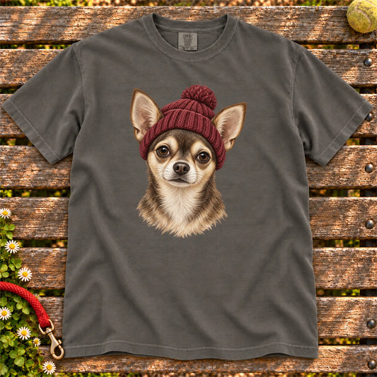 Pepper Chihuahua hipster T-shirt with a dog portrait in a chunky maroon beanie
