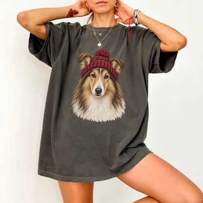 Woman wearing a Pepper Collie hipster T-shirt with a maroon-beanie dog portrait