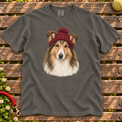 Pepper Collie hipster T-shirt with a dog portrait in a chunky maroon beanie