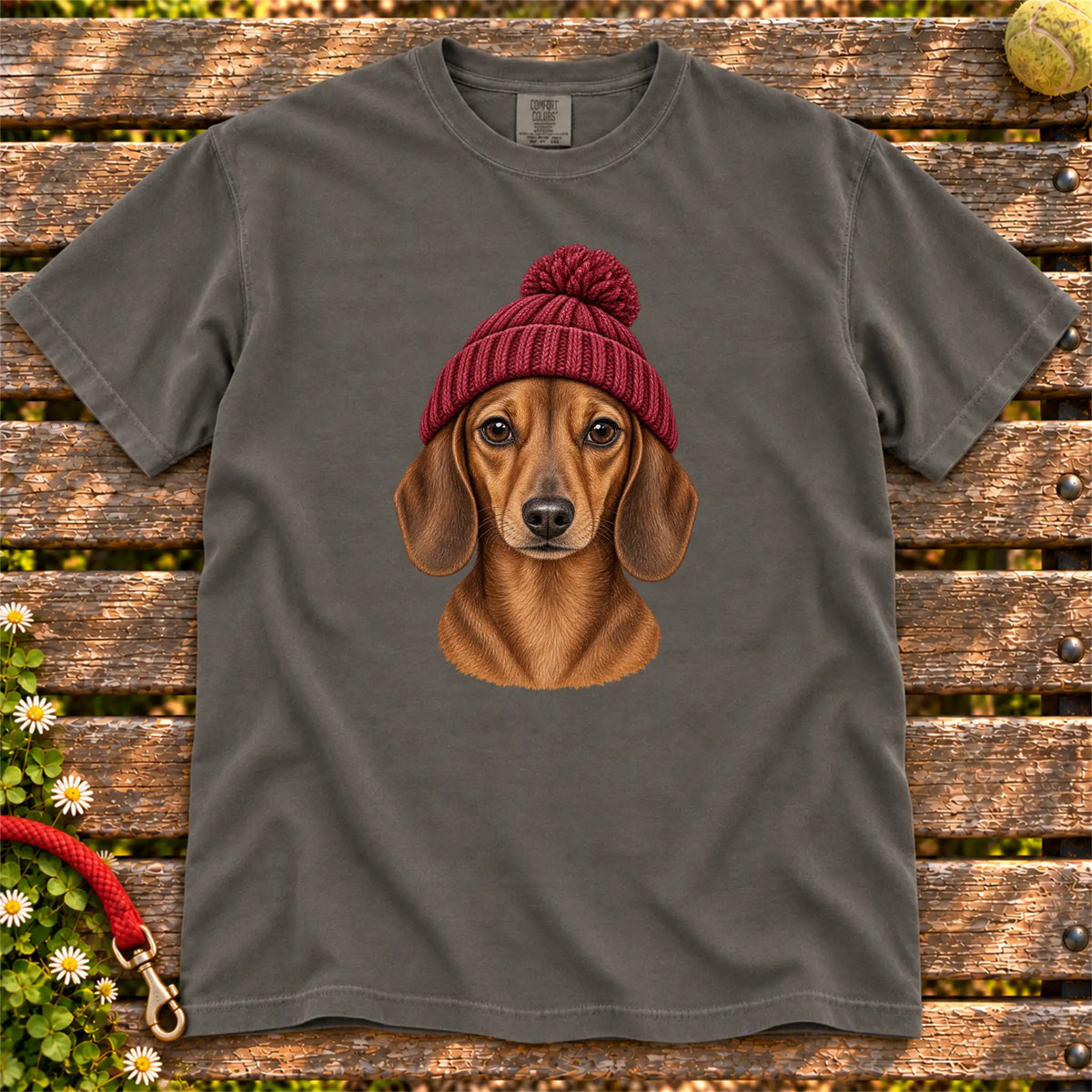 Pepper Dachshund hipster T-shirt with a dog portrait in a chunky maroon beanie