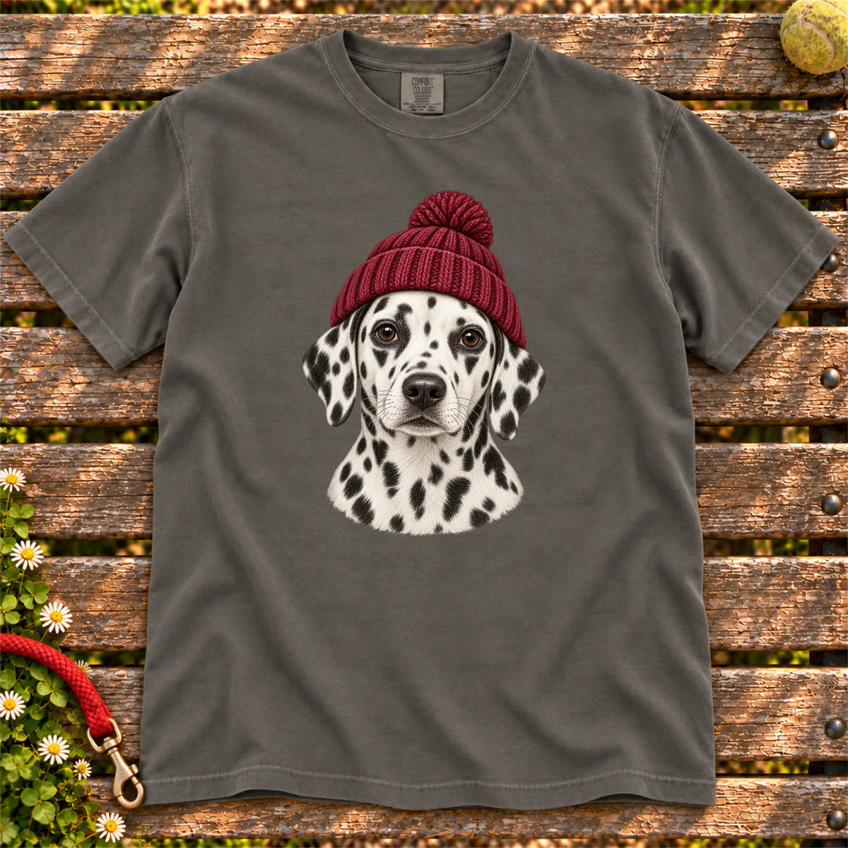 Pepper Dalmatian hipster T-shirt with a dog portrait in a chunky maroon beanie