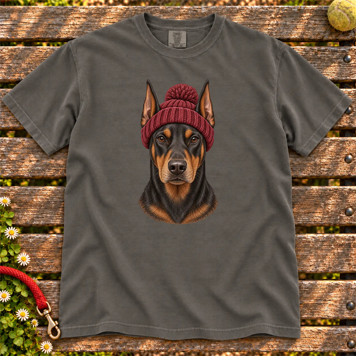 Pepper Doberman hipster T-shirt with a dog portrait in a chunky maroon beanie