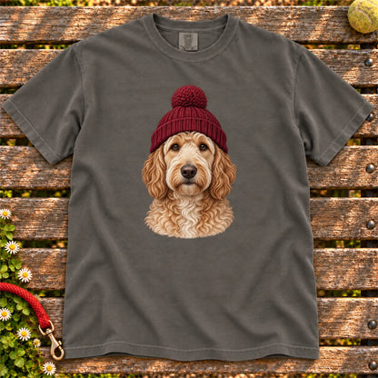 Pepper Goldendoodle hipster T-shirt with a dog portrait in a chunky maroon beanie