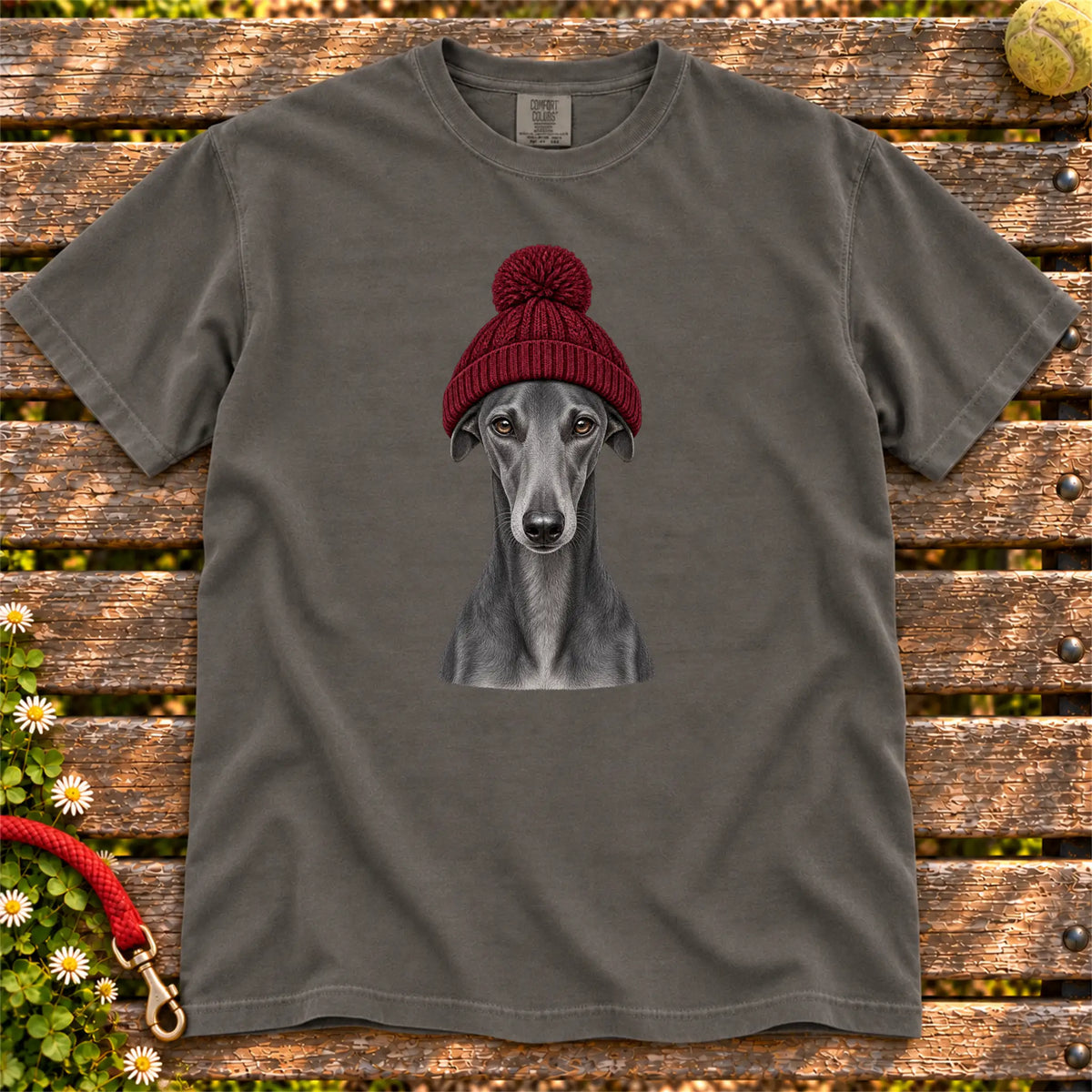 Pepper Greyhound hipster T-shirt with a dog portrait in a chunky maroon beanie
