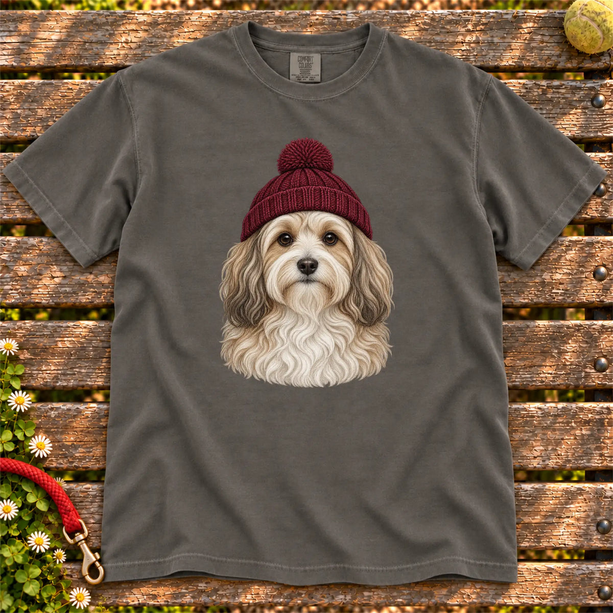 Pepper Havanese hipster T-shirt with a dog portrait in a chunky maroon beanie
