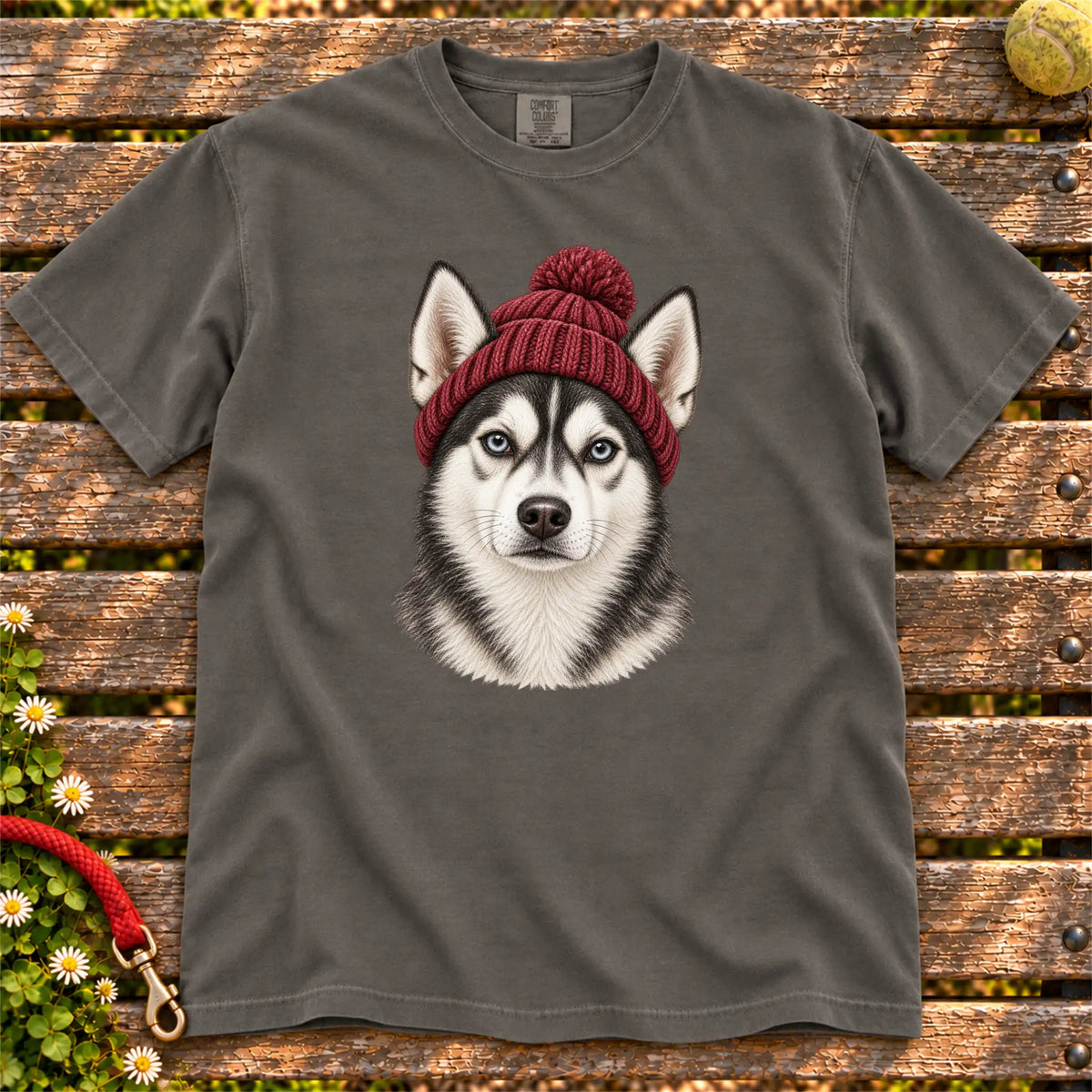 Pepper Husky hipster T-shirt with a dog portrait in a chunky maroon beanie