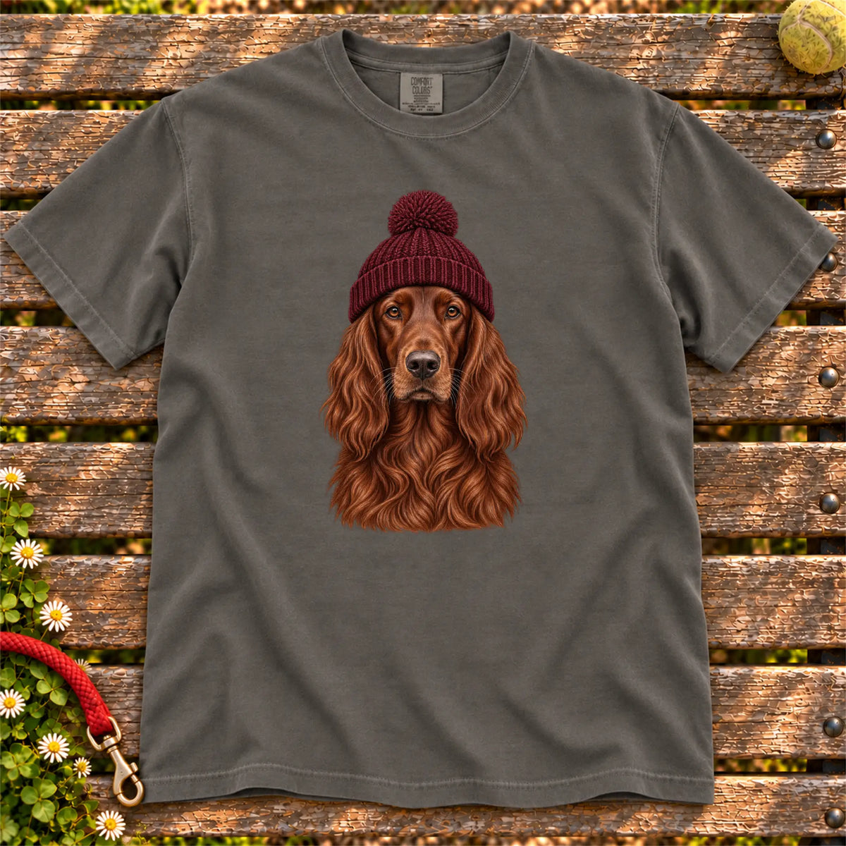 Pepper Irish Setter hipster T-shirt with a dog portrait in a chunky maroon beanie