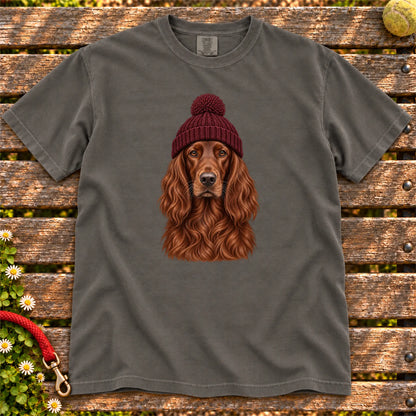 Pepper Irish Setter hipster T-shirt with a dog portrait in a chunky maroon beanie