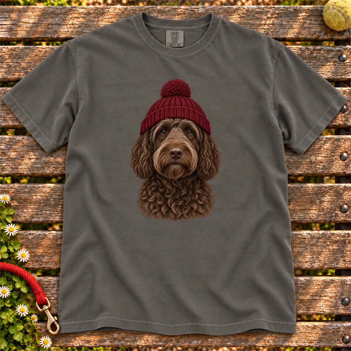 Pepper Labradoodle hipster T-shirt with a dog portrait in a chunky maroon beanie