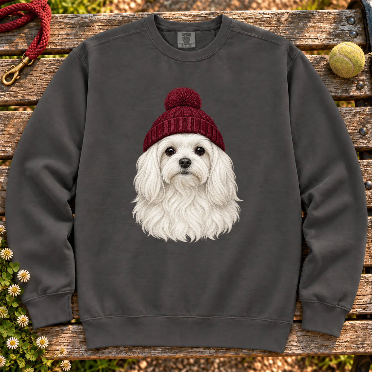 Pepper Maltese hipster sweatshirt with a dog portrait in a chunky maroon beanie