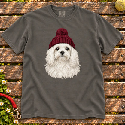 Pepper Maltese hipster T-shirt with a dog portrait in a chunky maroon beanie