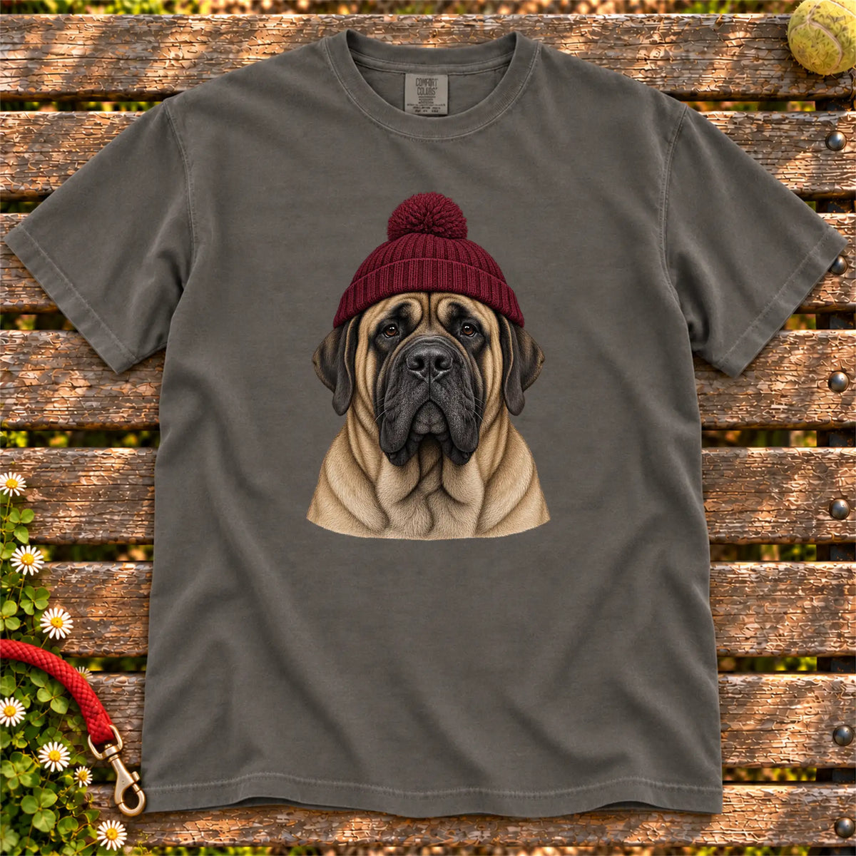Pepper Mastiff hipster T-shirt with a dog portrait in a chunky maroon beanie