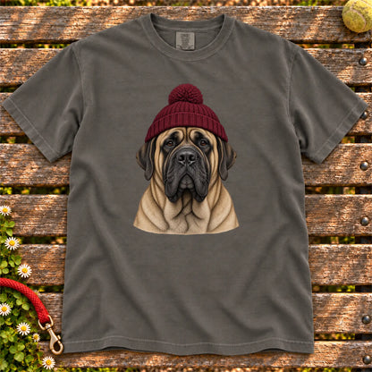 Pepper Mastiff hipster T-shirt with a dog portrait in a chunky maroon beanie