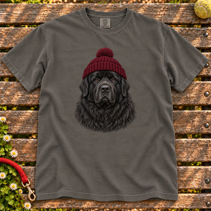 Pepper Newfie hipster T-shirt with a dog portrait in a chunky maroon beanie