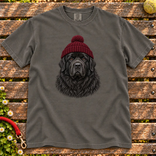 Pepper Newfie hipster T-shirt with a dog portrait in a chunky maroon beanie