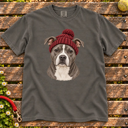 Pepper Pitbull hipster T-shirt with a dog portrait in a chunky maroon beanie