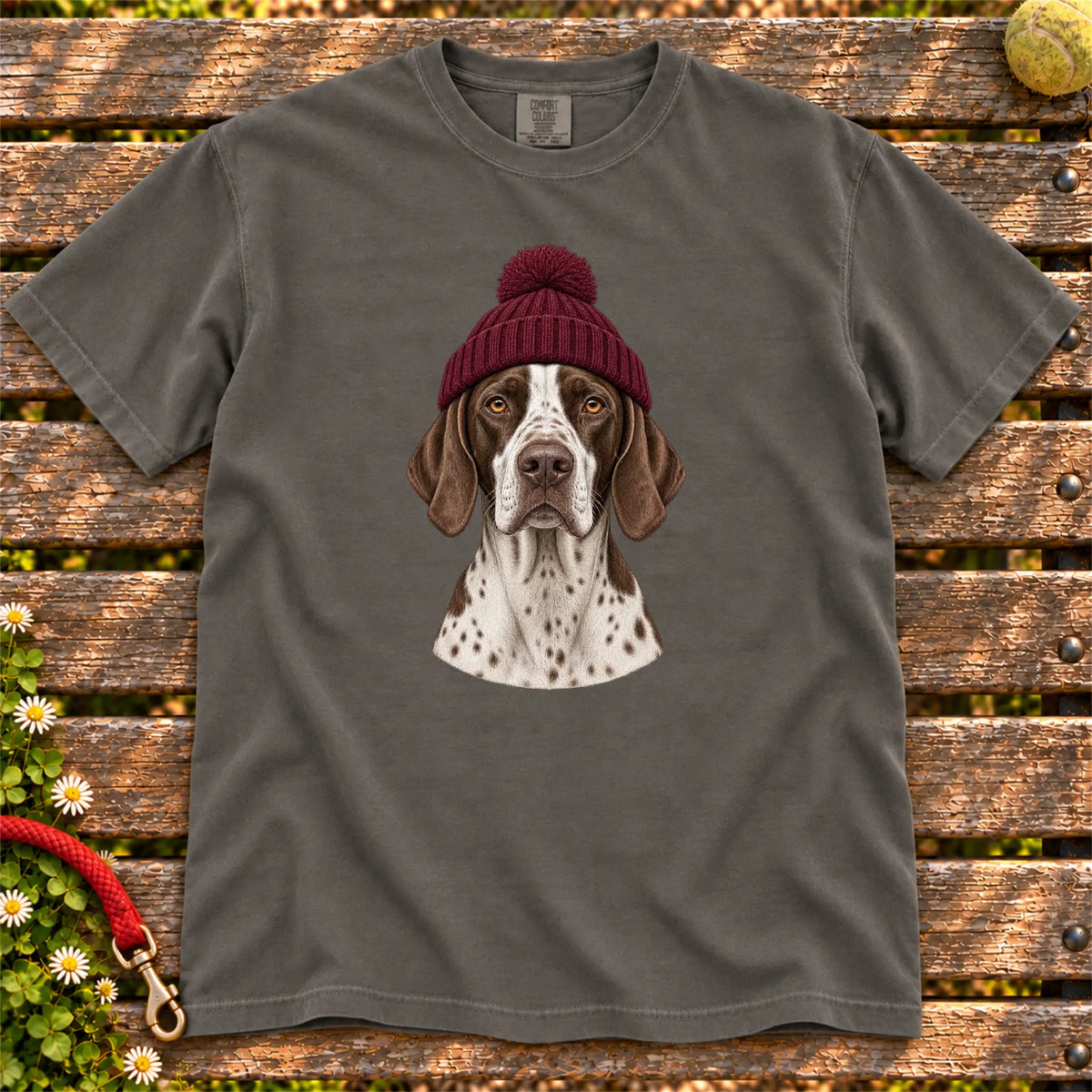 Pepper Pointer hipster T-shirt with a dog portrait in a chunky maroon beanie