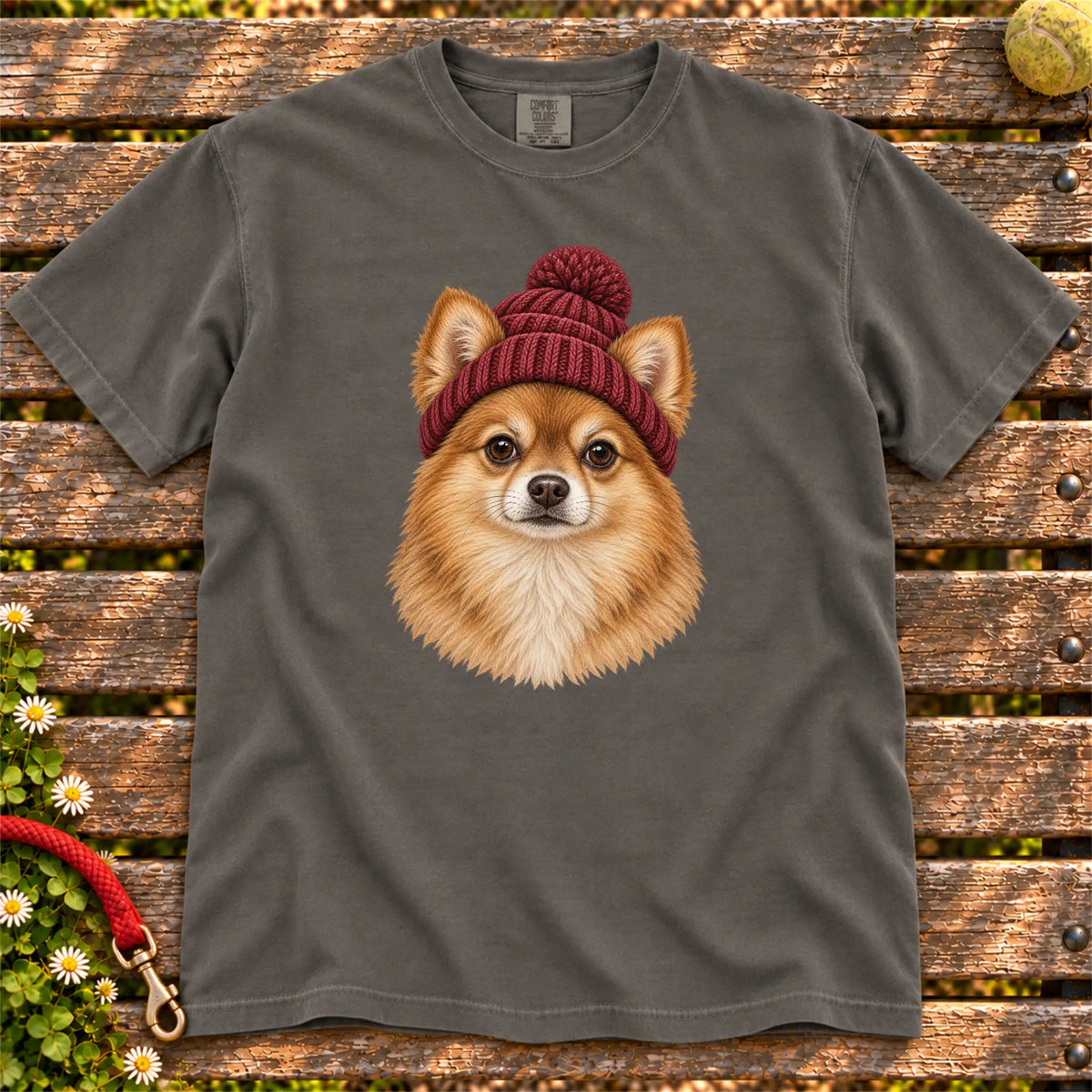 Pepper Pomeranian hipster T-shirt with a dog portrait in a chunky maroon beanie