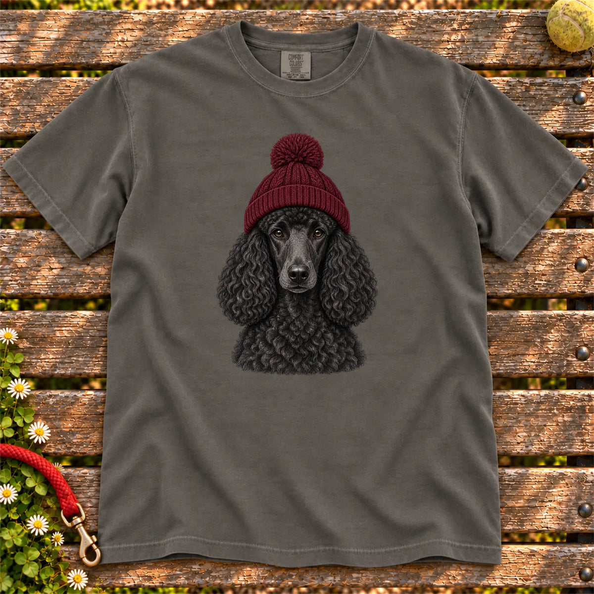 Pepper Poodle hipster T-shirt with a dog portrait in a chunky maroon beanie