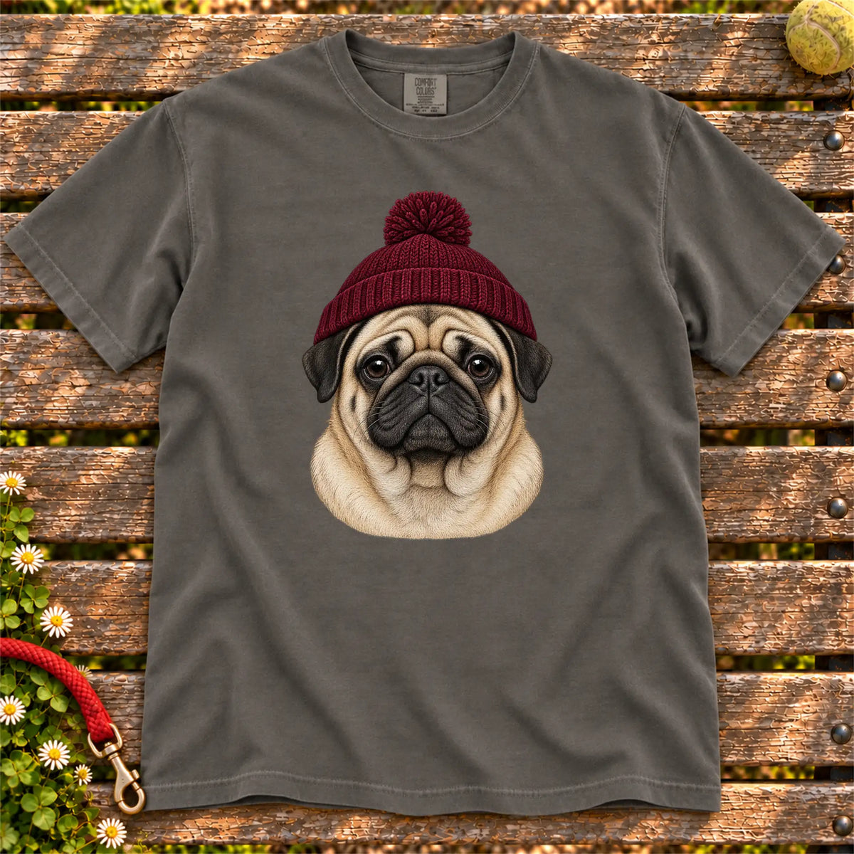 Pepper Pug hipster T-shirt with a dog portrait in a chunky maroon beanie