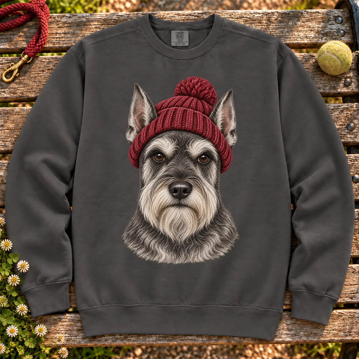 Pepper Schnauzer hipster sweatshirt with a dog portrait in a chunky maroon beanie