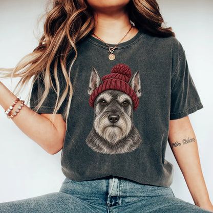 Woman wearing a Pepper Schnauzer hipster T-shirt with a maroon-beanie dog portrait