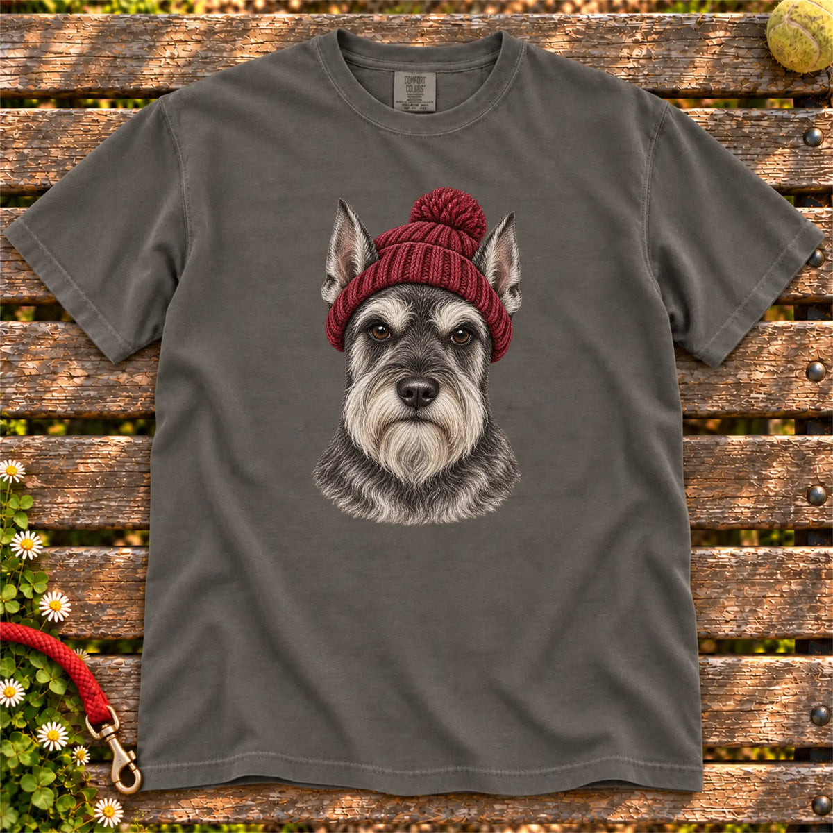 Pepper Schnauzer hipster T-shirt with a dog portrait in a chunky maroon beanie