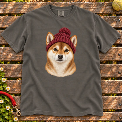 Pepper Shiba Inu hipster T-shirt with a dog portrait in a chunky maroon beanie