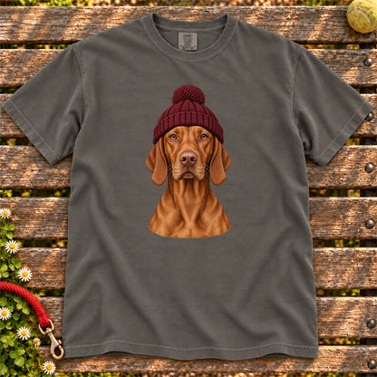 Pepper Vizsla hipster T-shirt with a dog portrait in a chunky maroon beanie