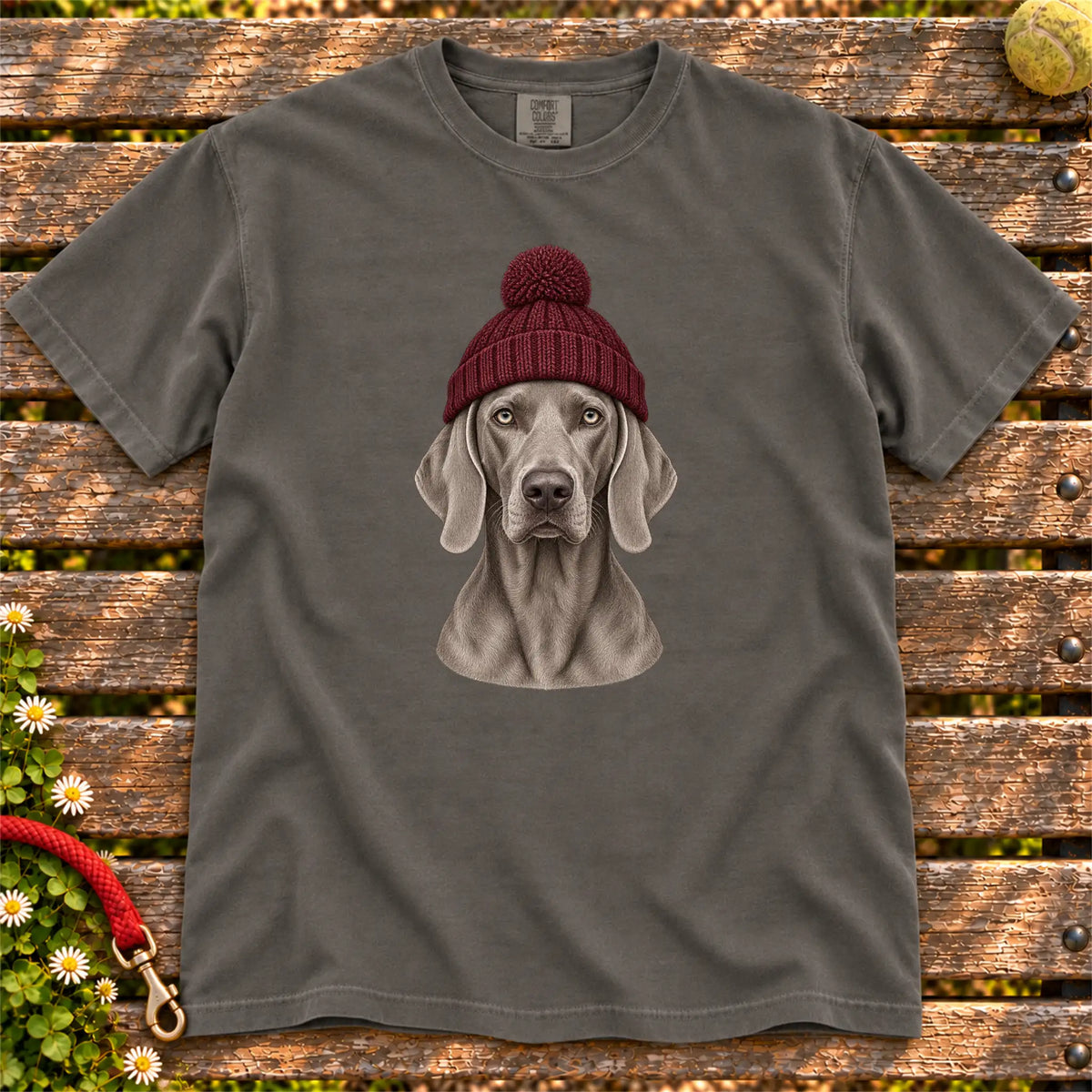 Pepper Weimaraner hipster T-shirt with a dog portrait in a chunky maroon beanie
