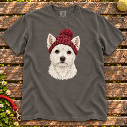 Pepper Westie hipster T-shirt with a dog portrait in a chunky maroon beanie