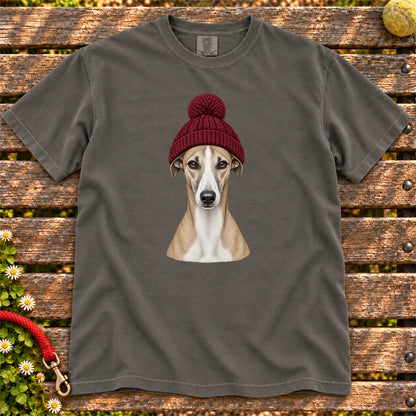 Pepper Whippet hipster T-shirt with a dog portrait in a chunky maroon beanie