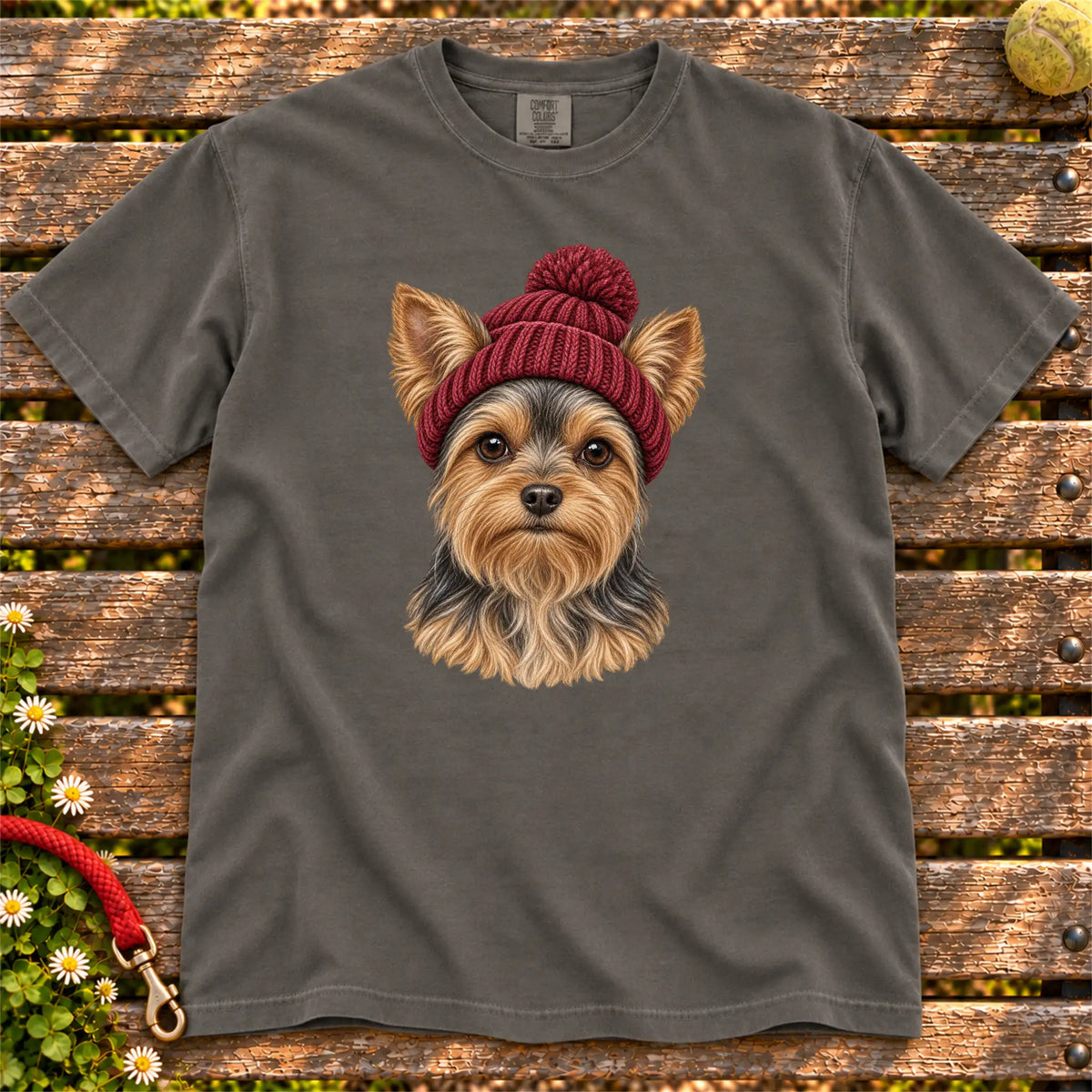 Pepper Yorkie hipster T-shirt with a dog portrait in a chunky maroon beanie