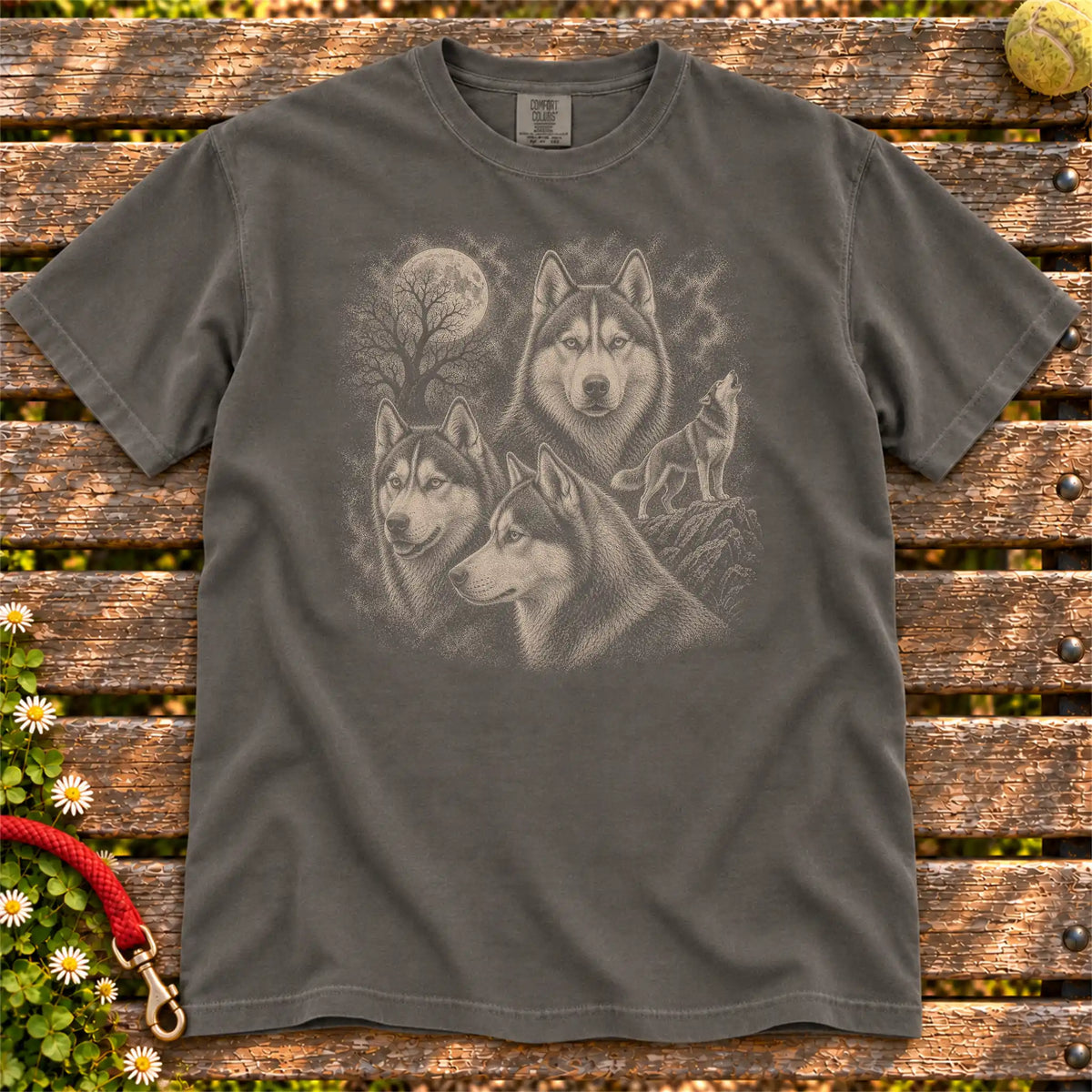 Husky 90s Moon design on a Pepper T-shirt shown flat