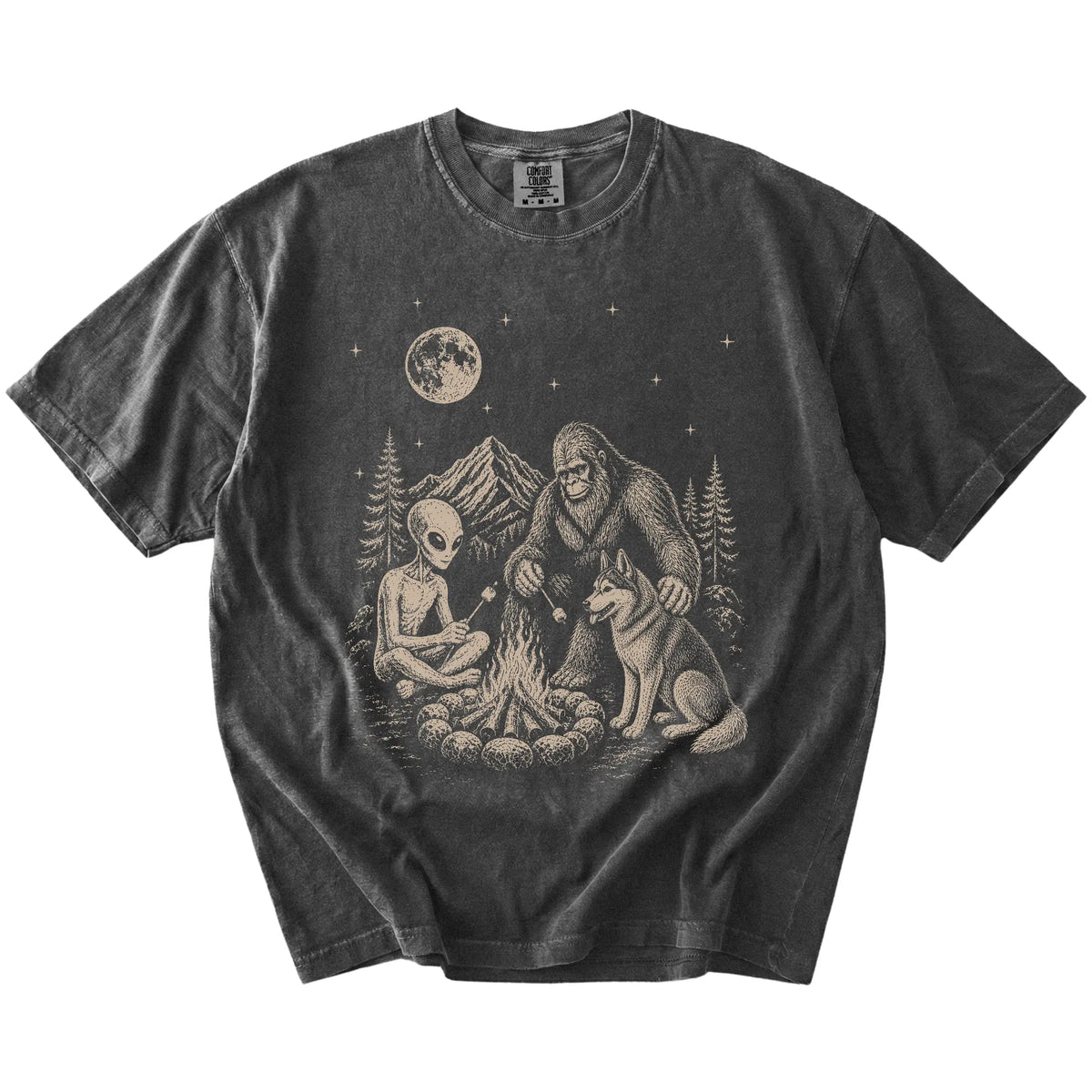 Husky camping with Bigfoot and an alien on a Pepper Comfort Colors® T-shirt