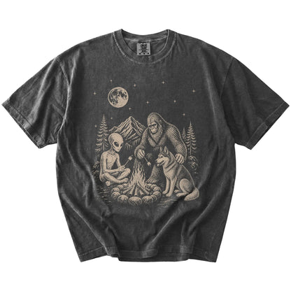 Husky camping with Bigfoot and an alien on a Pepper Comfort Colors® T-shirt