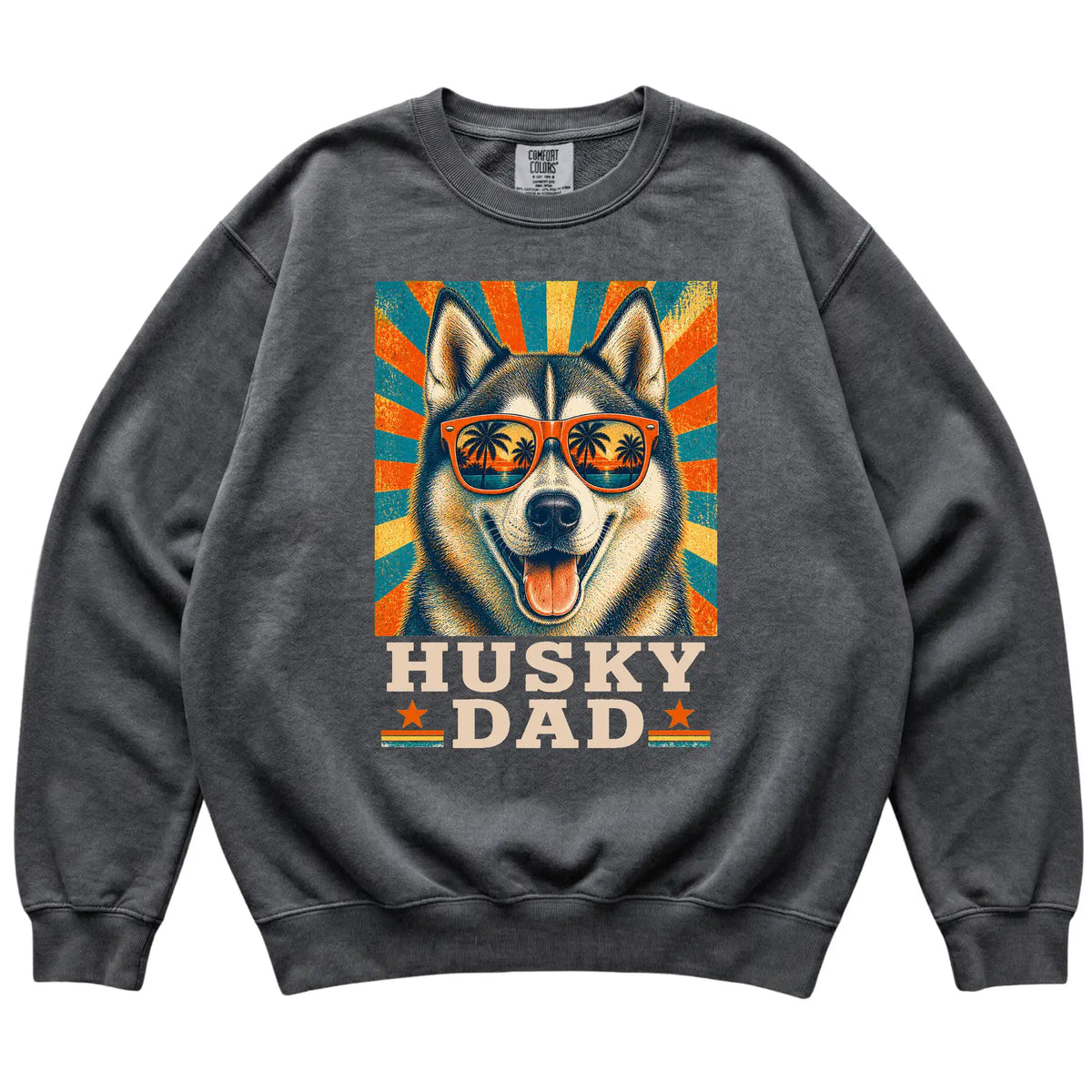 Retro Husky Dad design on a Pepper Comfort Colors sweatshirt