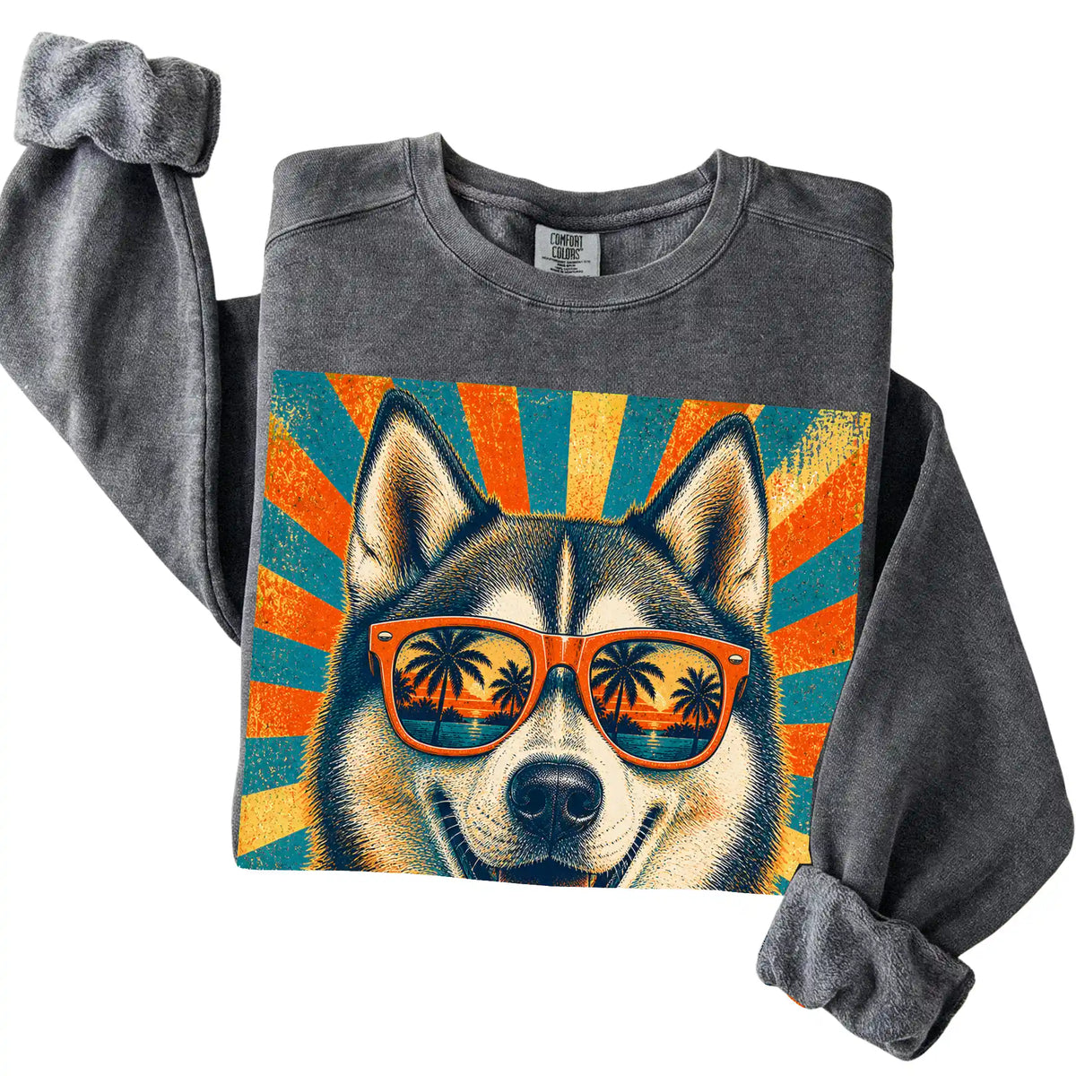 Folded Pepper Comfort Colors sweatshirt with a Retro Husky Dad design
