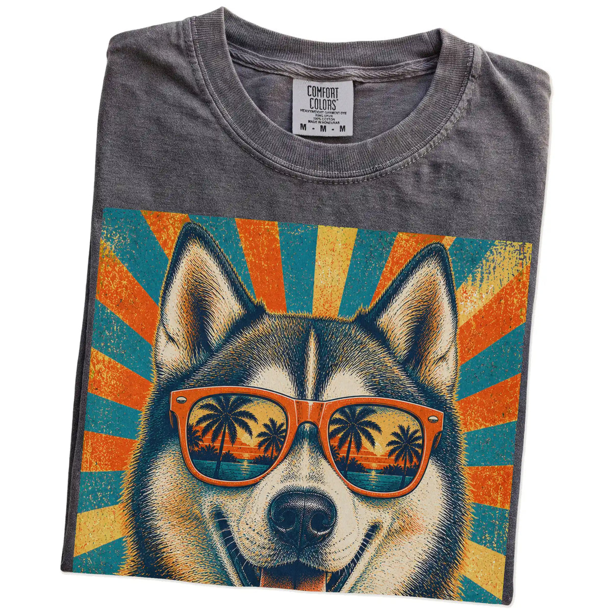 Retro Husky Dad design on a Pepper Comfort Colors T-shirt folded detail