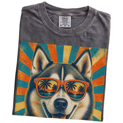 Retro Husky Dad design on a Pepper Comfort Colors T-shirt folded detail