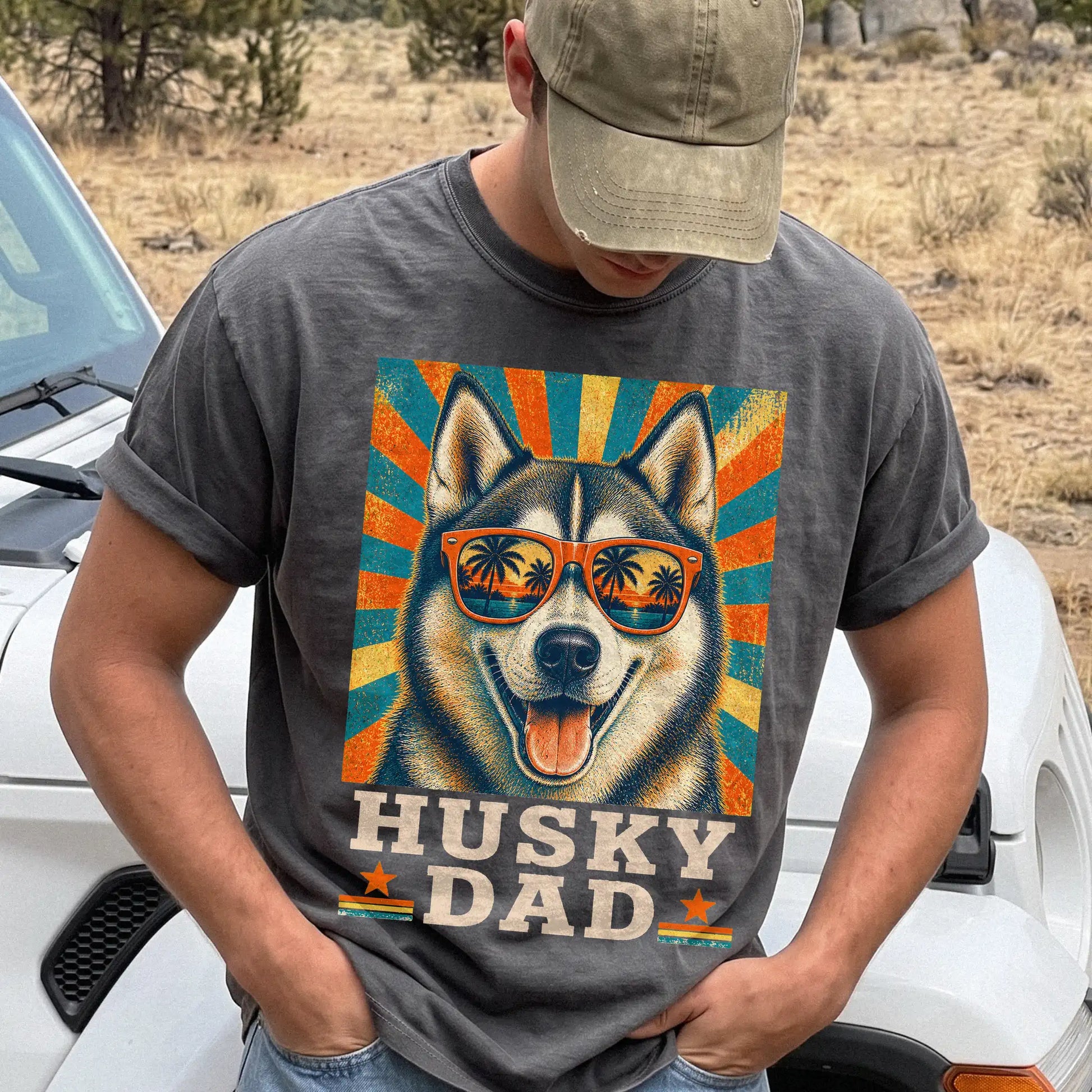 Retro Husky Dad design on a Pepper Comfort Colors T-shirt worn by a model