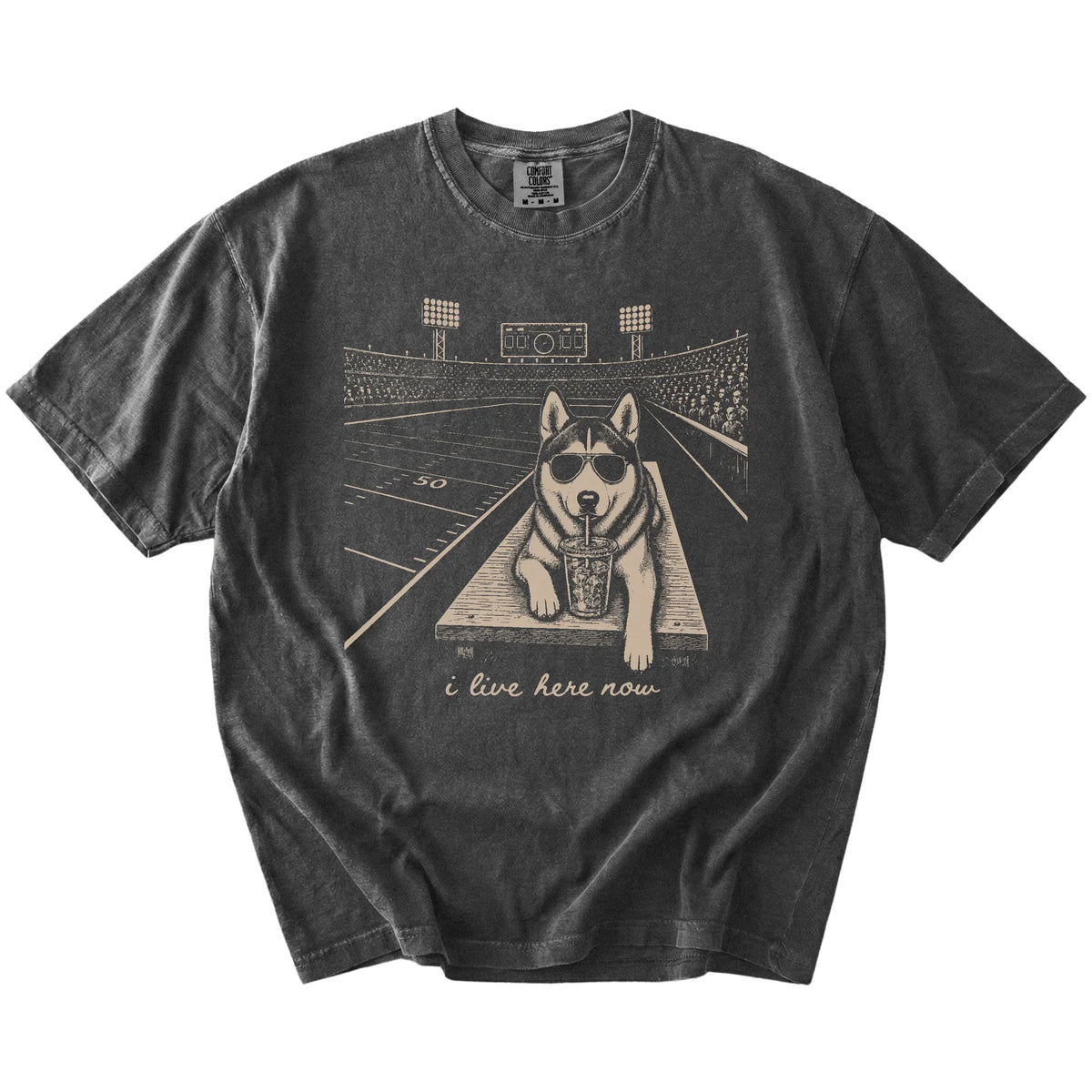 Husky ready for football and tailgate season on a Pepper Comfort Colors® T-shirt