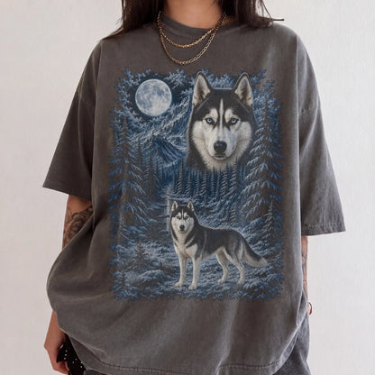 Person wearing a Pepper Husky winter forest t-shirt