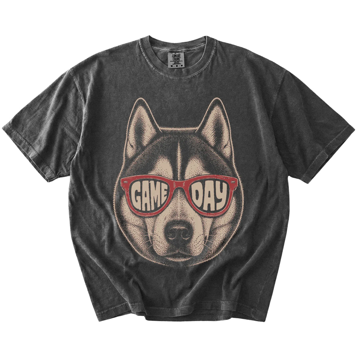 Husky wearing red Game Day sunglasses on a Pepper Comfort Colors® T-shirt